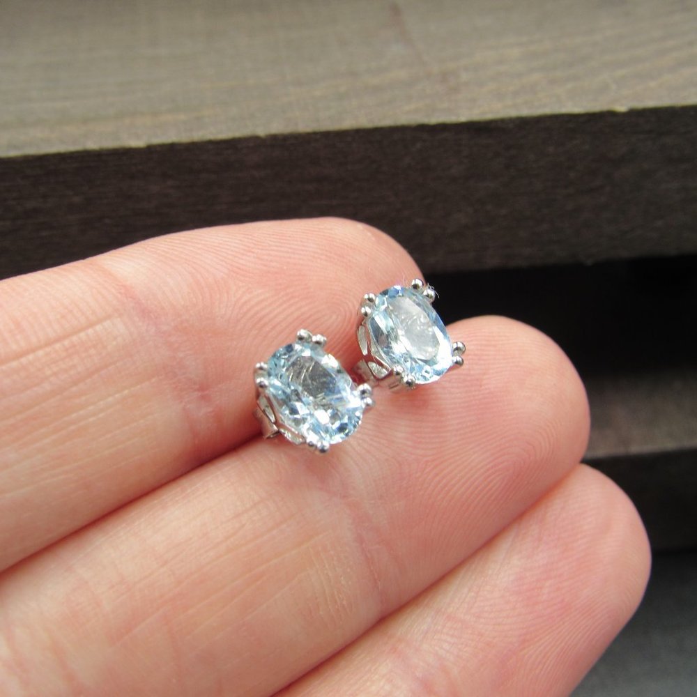 Sterling Ornate Oval Blue Topaz Stud Earrings - Picture 3 of 7